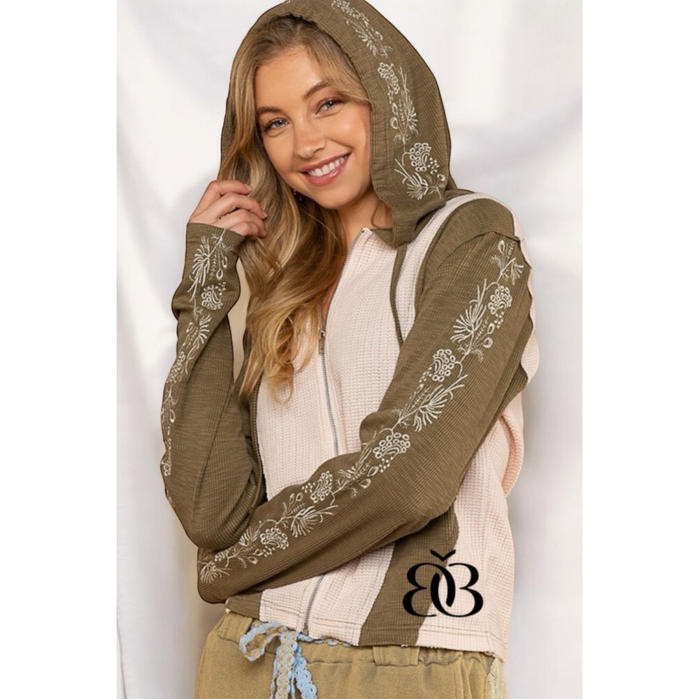 POL Olive & Cream Embroidered Waffle Knit Zip Up Hoodie